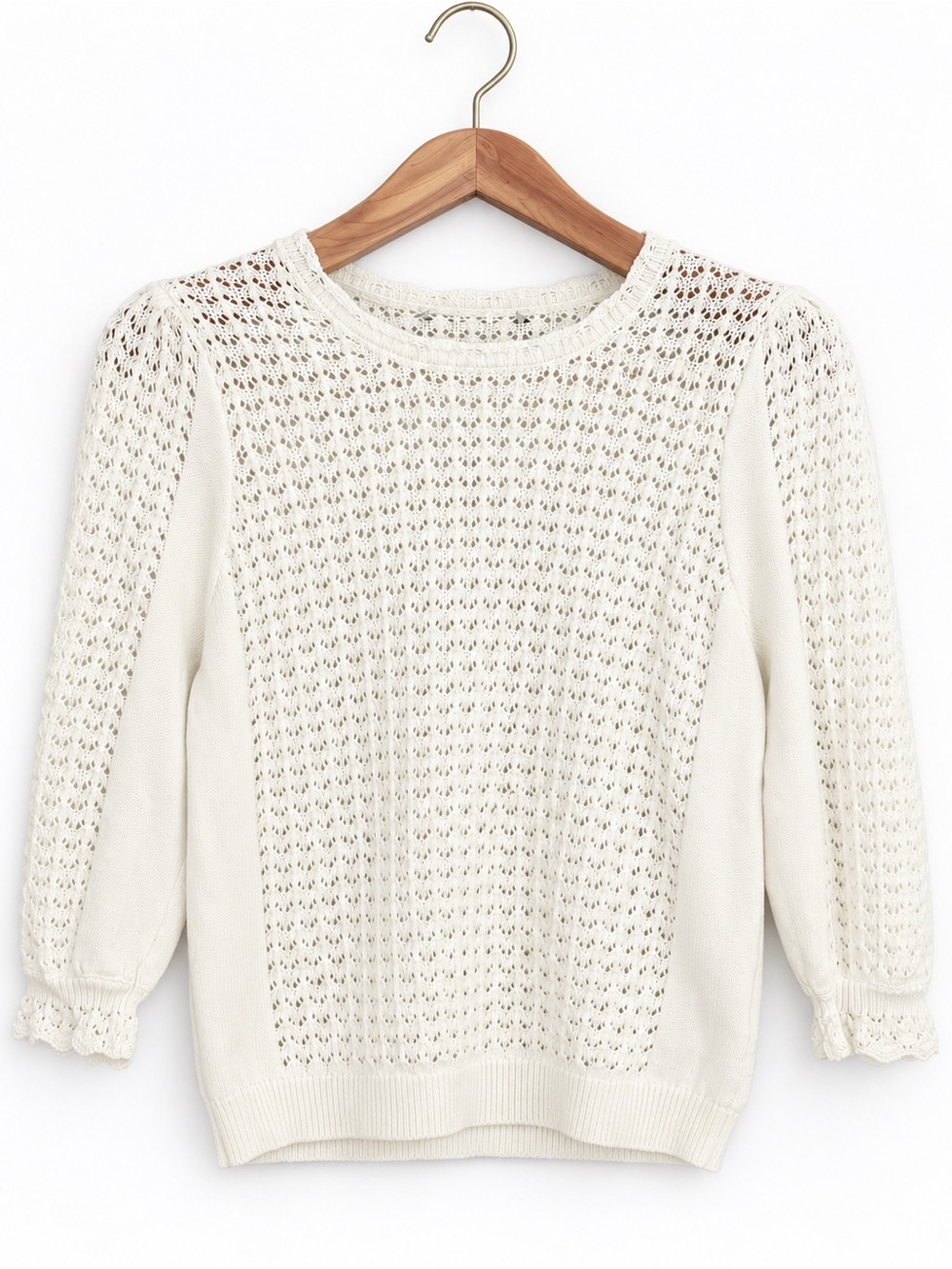 Gerard Darel Ivory Pointelle Open Knit Puff Sleeve Sweater XS/S